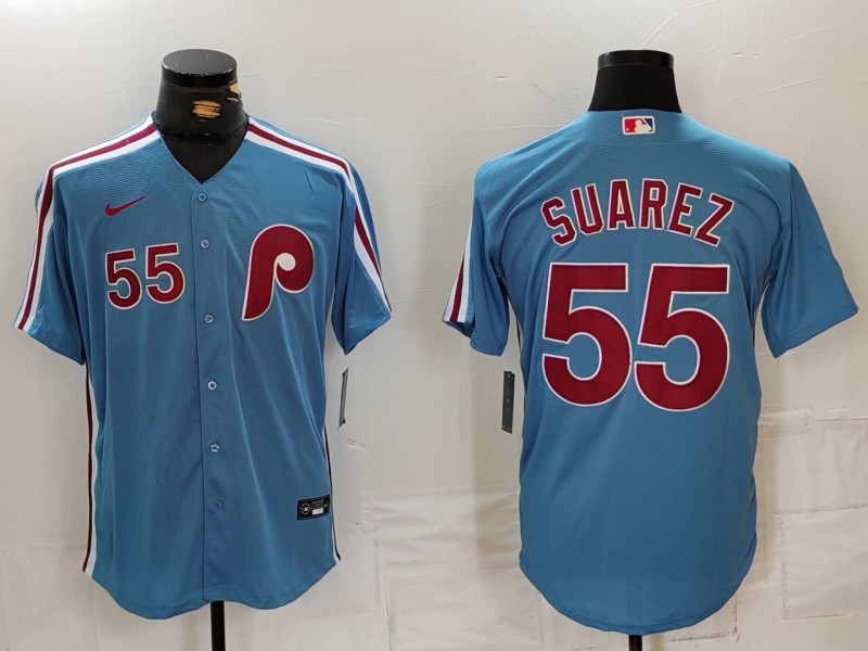 Men's Philadelphia Phillies #55 Ranger Suárez Blue Cool Base Stitched Jersey