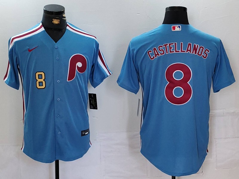 Men's Philadelphia Phillies #8 Nick Castellanos Blue Cool Base Stitched Jersey 2 Men's Philadelphia Phillies #8 Nick Castellanos Blue Cool Base Stitched Jersey 2
