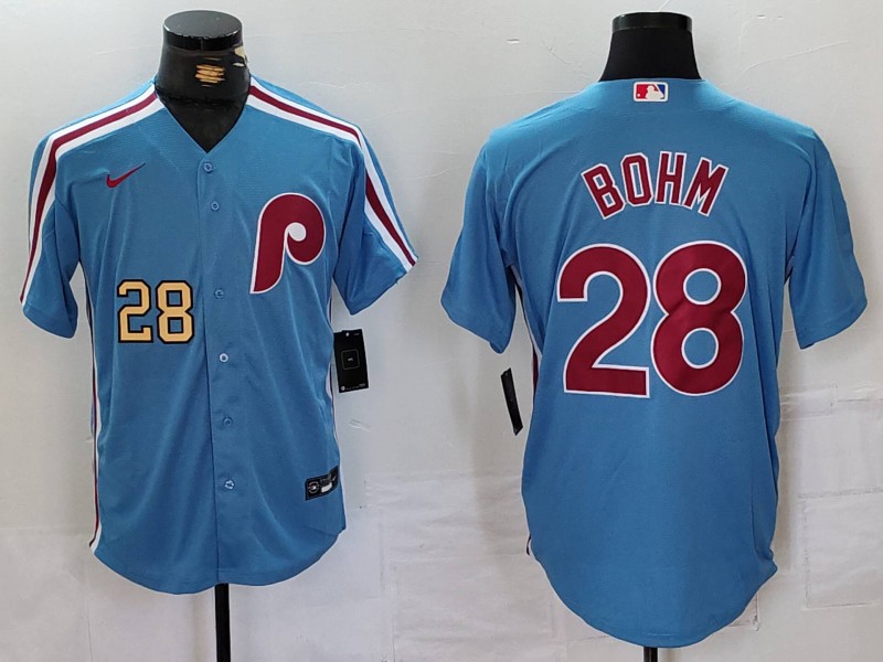 Men's Philadelphia Phillies #28 Alec Bohm Blue Cool Base Stitched Jersey 2 Men's Philadelphia Phillies #28 Alec Bohm Blue Cool Base Stitched Jersey 2