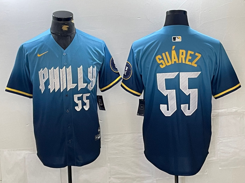 Men's Philadelphia Phillies #55 Ranger Suárez Blue 2024 City Connect Limited Stitched Jersey 6 Men's Philadelphia Phillies #55 Ranger Suárez Blue 2024 City Connect Limited Stitched Jersey 6