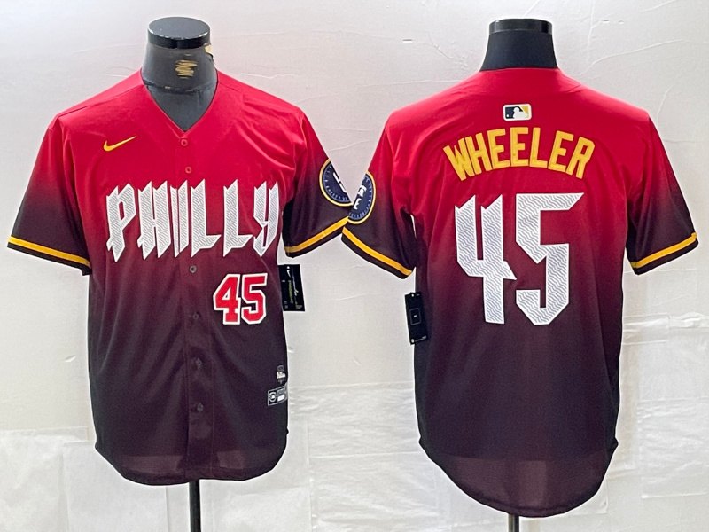 Men's Philadelphia Phillies #45 Zack Wheeler Red 2024 City Connect Limited Stitched Jersey 5 Men's Philadelphia Phillies #45 Zack Wheeler Red 2024 City Connect Limited Stitched Jersey 5