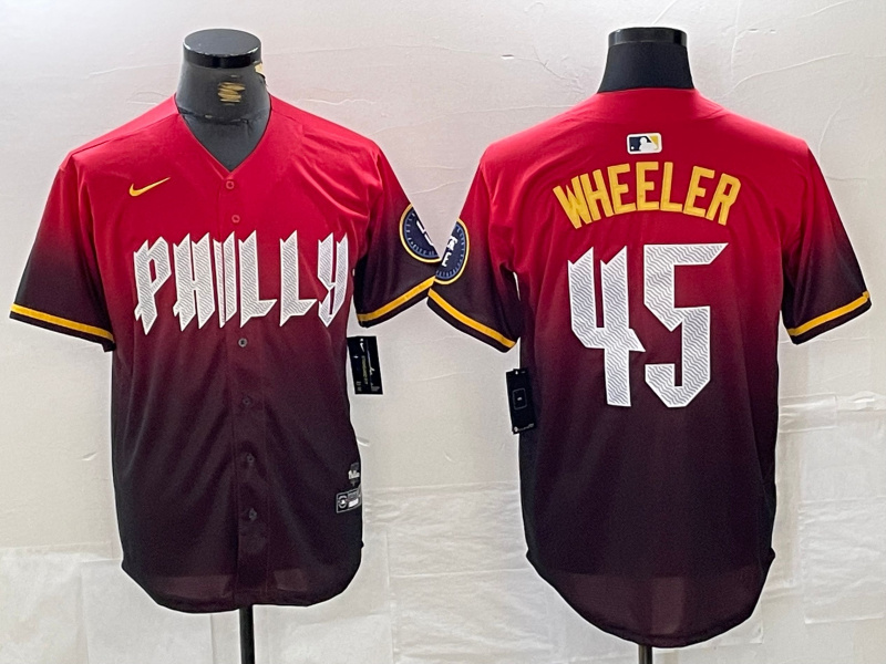 Men's Philadelphia Phillies #45 Zack Wheeler Red 2024 City Connect Limited Stitched Jersey 1 Men's Philadelphia Phillies #45 Zack Wheeler Red 2024 City Connect Limited Stitched Jersey 1
