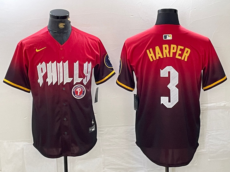Men's Philadelphia Phillies #3 Bryce Harper Red 2024 City Connect Limited Stitched Jersey 1 Men's Philadelphia Phillies #3 Bryce Harper Red 2024 City Connect Limited Stitched Jersey 1