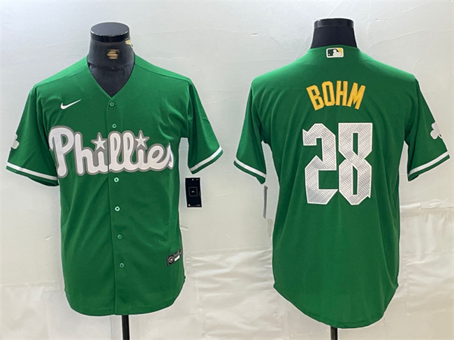 Men's Philadelphia Phillies #28 Alec Bohm Green 2024 City Connect Stitched Jersey Men's Philadelphia Phillies #28 Alec Bohm Green 2024 City Connect Stitched Jersey