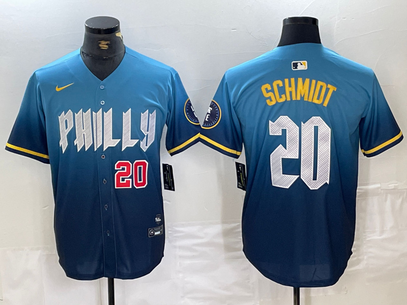 Men's Philadelphia Phillies #20 Mike Schmidt Blue 2024 City Connect Limited Stitched Jersey 2 Men's Philadelphia Phillies #20 Mike Schmidt Blue 2024 City Connect Limited Stitched Jersey 2