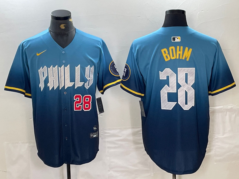 Men's Philadelphia Phillies #28 Alec Bohm Blue 2024 City Connect Limited Stitched Baseball Jersey 4 Men's Philadelphia Phillies #28 Alec Bohm Blue 2024 City Connect Limited Stitched Baseball Jersey 4