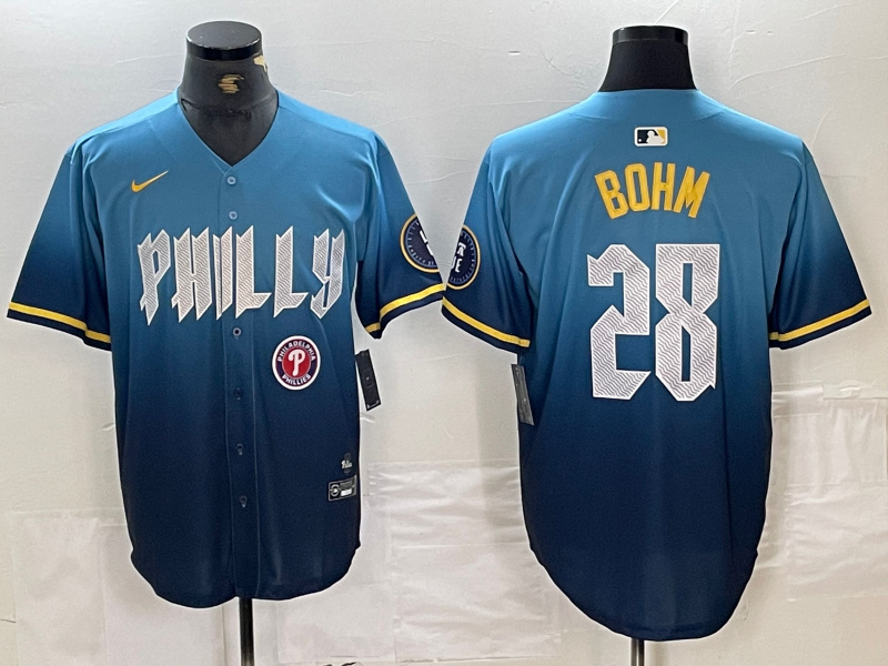 Men's Philadelphia Phillies #28 Alec Bohm Blue 2024 City Connect Limited Stitched Baseball Jersey 2 Men's Philadelphia Phillies #28 Alec Bohm Blue 2024 City Connect Limited Stitched Baseball Jersey 2