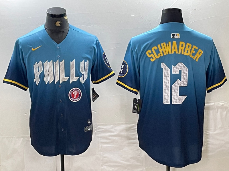 Men's Philadelphia Phillies #12 Kyle Schwarber Blue 2024 City Connect Limited Stitched Jersey 4 Men's Philadelphia Phillies #12 Kyle Schwarber Blue 2024 City Connect Limited Stitched Jersey 4