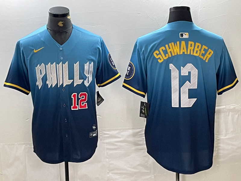 Men's Philadelphia Phillies #12 Kyle Schwarber Blue 2024 City Connect Limited Stitched Jersey 2 Men's Philadelphia Phillies #12 Kyle Schwarber Blue 2024 City Connect Limited Stitched Jersey 2