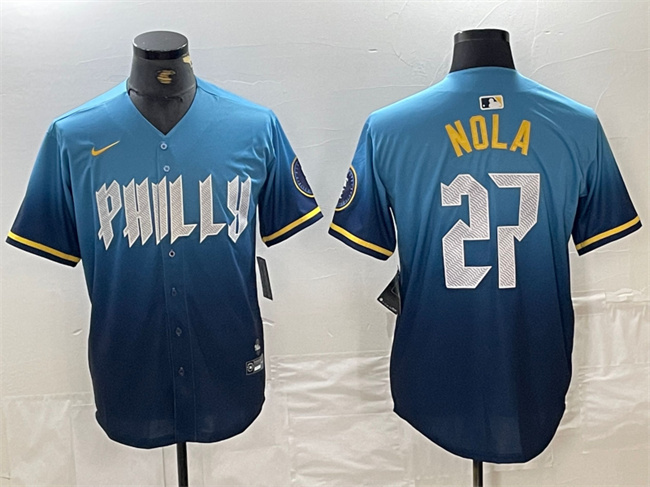 Men's Philadelphia Phillies #27 Aaron Nola Blue 2024 City Connect Limited Stitched Jersey Men's Philadelphia Phillies #27 Aaron Nola Blue 2024 City Connect Limited Stitched Jersey