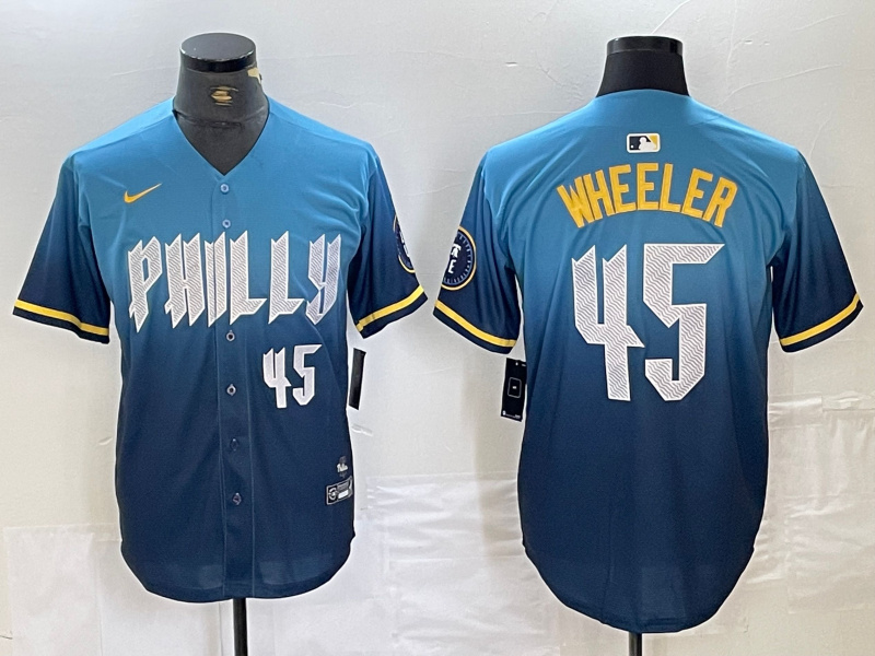 Men's Philadelphia Phillies #45 Zack Wheeler Blue 2024 City Connect Limited Stitched Baseball Jersey 4 Men's Philadelphia Phillies #45 Zack Wheeler Blue 2024 City Connect Limited Stitched Baseball Jersey 4
