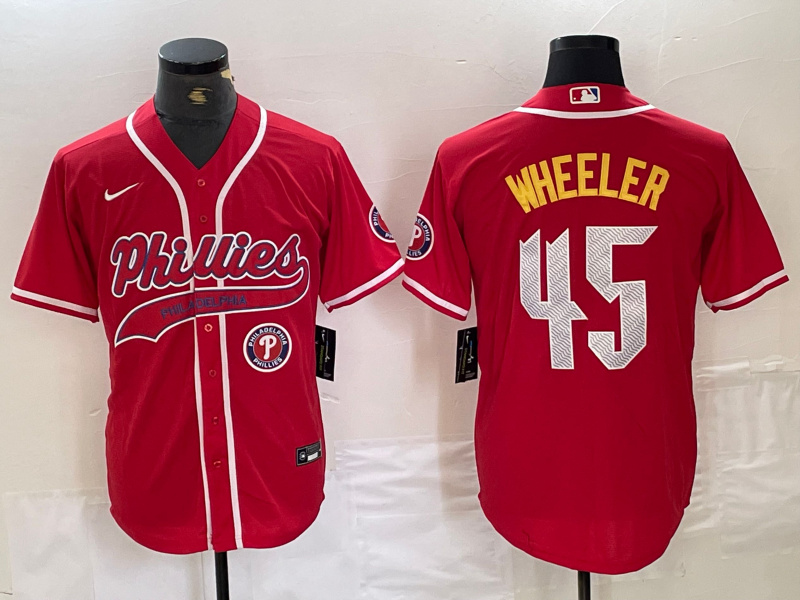 Men's Philadelphia Phillies #45 Zack Wheeler Red 2024 City Connect Limited Stitched Baseball Jersey 4 Men's Philadelphia Phillies #45 Zack Wheeler Red 2024 City Connect Limited Stitched Baseball Jersey 4