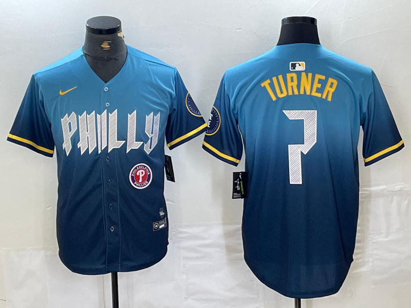 Men's Philadelphia Phillies #7 Trea Turner Blue 2024 City Connect Limited Stitched Jersey 2 Men's Philadelphia Phillies #7 Trea Turner Blue 2024 City Connect Limited Stitched Jersey 2