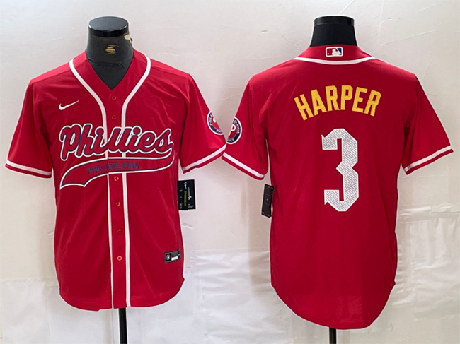 Men's Philadelphia Phillies #3 Bryce Harper Red 2024 City Connect Stitched Jersey Men's Philadelphia Phillies #3 Bryce Harper Red 2024 City Connect Stitched Jersey