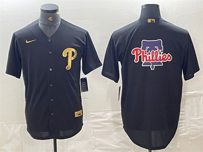Men's Philadelphia Phillies Black Team Big Logo Cool Base Stitched Baseball Jersey ·1 Men's Philadelphia Phillies Black Team Big Logo Cool Base Stitched Baseball Jersey ·1
