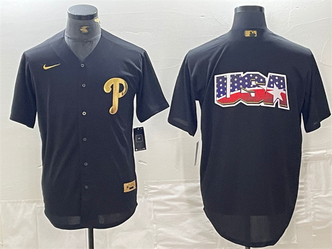 Men's Philadelphia Phillies Black Team Big Logo Cool Base Stitched Baseball Jersey Men's Philadelphia Phillies Black Team Big Logo Cool Base Stitched Baseball Jersey