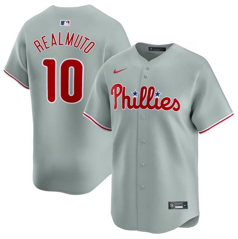 Men's Philadelphia Phillies #10 J.T. Realmuto Grey Away Limited Stitched Jersey Men's Philadelphia Phillies #10 J.T. Realmuto Grey Away Limited Stitched Jersey