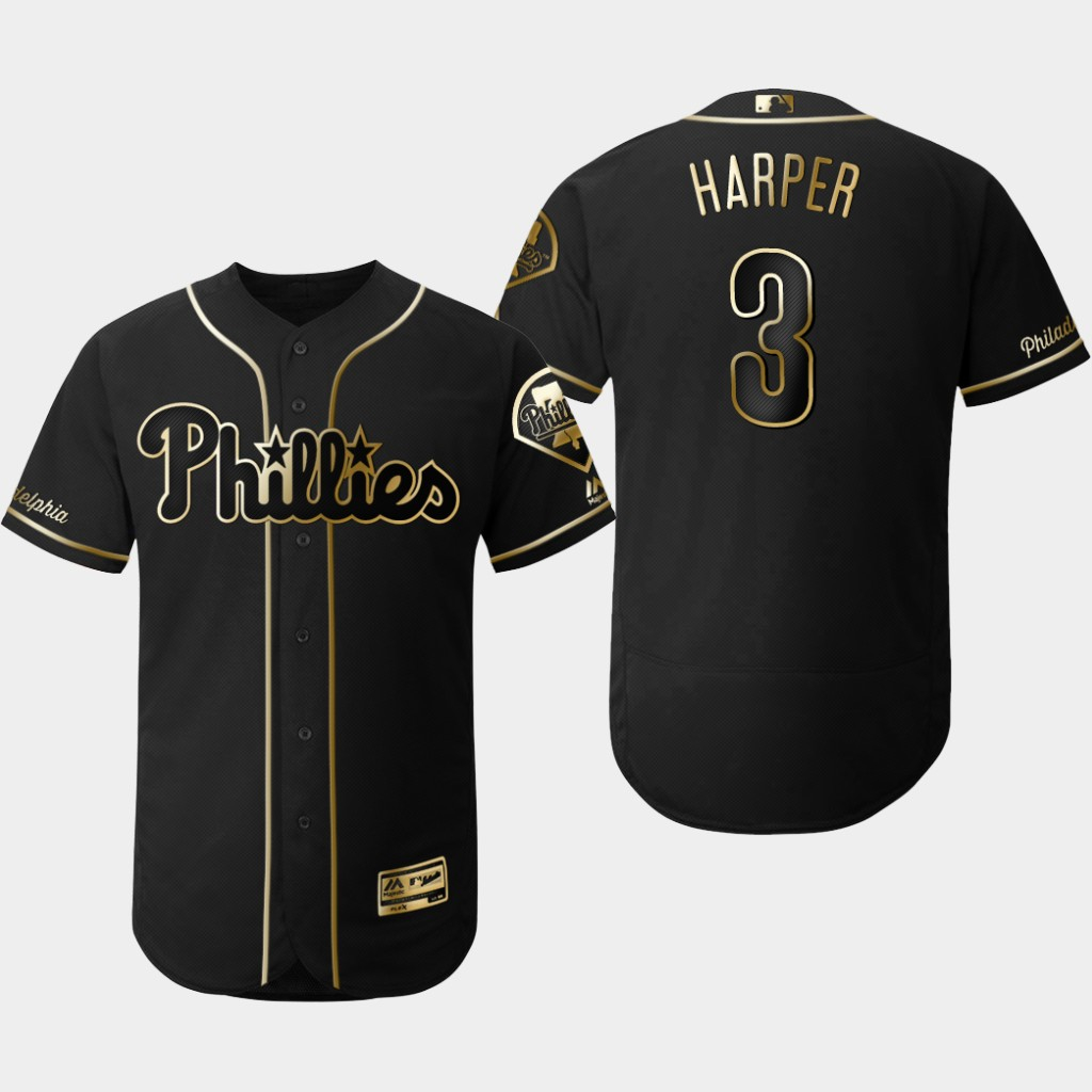 Phillies 3 Bryce Harper Black Gold Flexbase Jersey Phillies 3 Bryce Harper Black Gold Flexbase Jersey