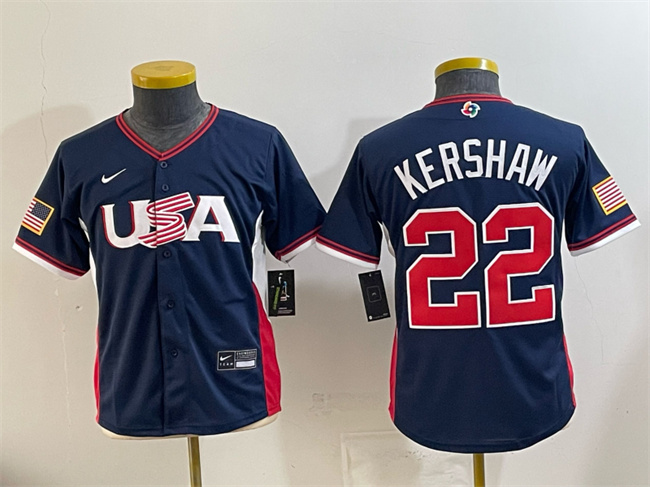 Youth USA Baseball #22 Clayton Kershaw Navy 2026 World Baseball Classic Stadium Stitched Baseball Jersey Youth USA Baseball #22 Clayton Kershaw Navy 2026 World Baseball Classic Stadium Stitched Baseball Jersey