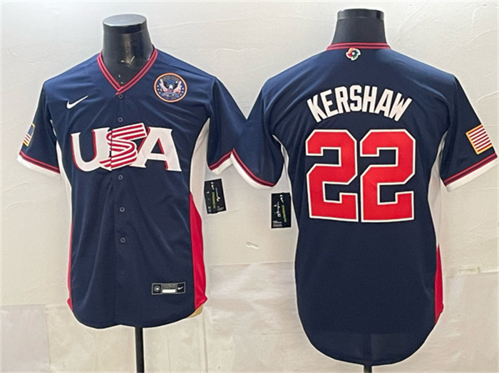 Men's USA Baseball #22 Clayton Kershaw Navy 2026 World Baseball Classic United States 250th Anniversary Patch Road Stadium Stitched Jersey Men's USA Baseball #22 Clayton Kershaw Navy 2026 World Baseball Classic United States 250th Anniversary Patch Road Stadium Stitched Jersey