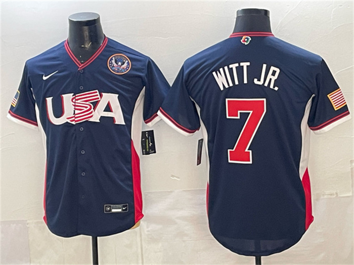Men's USA Baseball #7 Bobby Witt Jr. Navy 2026 World Baseball Classic United States 250th Anniversary Patch Road Stadium Stitched Jersey Men's USA Baseball #7 Bobby Witt Jr. Navy 2026 World Baseball Classic United States 250th Anniversary Patch Road Stadium Stitched Jersey