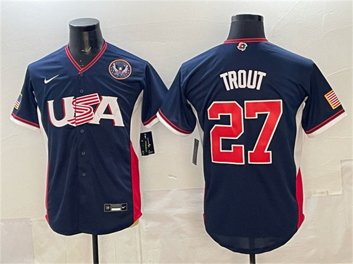 Men's USA Baseball #27 Mike Trout Navy 2026 World Baseball Classic United States 250th Anniversary Patch Road Stadium Stitched Jersey Men's USA Baseball #27 Mike Trout Navy 2026 World Baseball Classic United States 250th Anniversary Patch Road Stadium Stitched Jersey