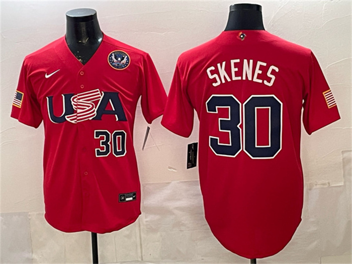 Men's USA Baseball #30 Paul Skenes Red 2026 World Baseball Classic United States 250th Anniversary Patch Stadium Stitched Jersey Men's USA Baseball #30 Paul Skenes Red 2026 World Baseball Classic United States 250th Anniversary Patch Stadium Stitched Jersey