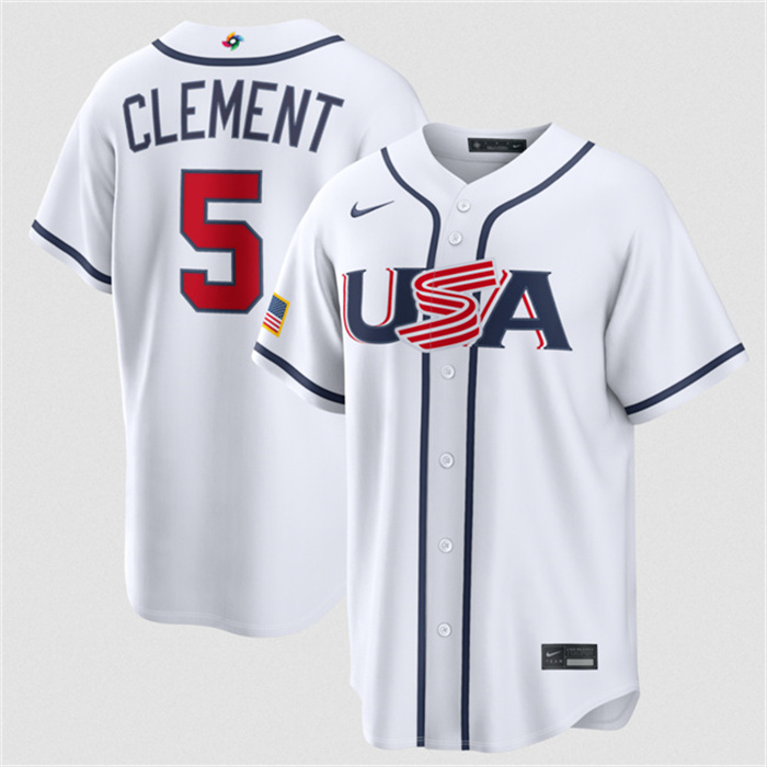 Men's USA Baseball #5 Ernie Clement White 2026 World Baseball Classic Home Stadium Stitched Jersey Men's USA Baseball #5 Ernie Clement White 2026 World Baseball Classic Home Stadium Stitched Jersey
