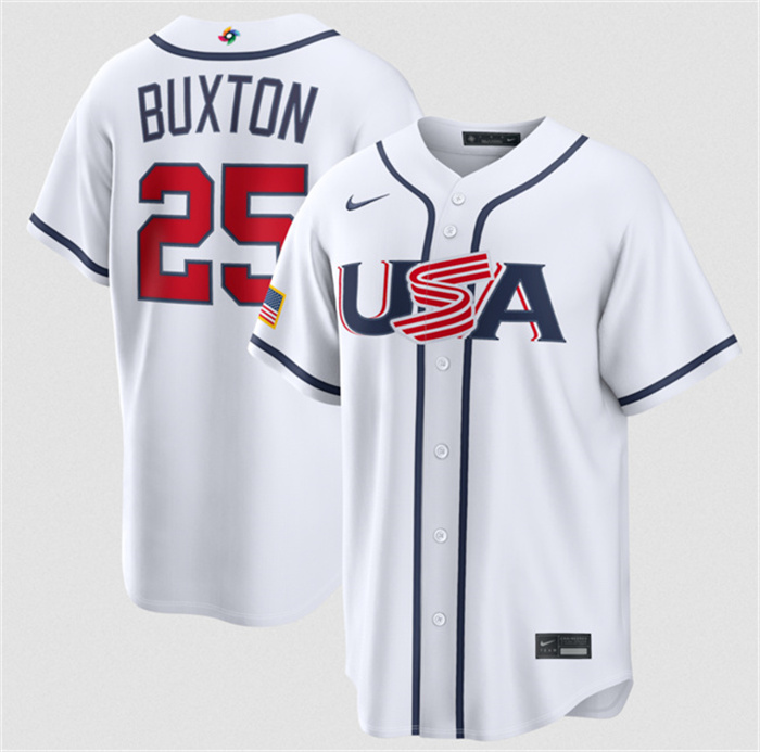Men's USA Baseball #25 Byron Buxton White 2026 World Baseball Classic Home Stadium Stitched Jersey Men's USA Baseball #25 Byron Buxton White 2026 World Baseball Classic Home Stadium Stitched Jersey