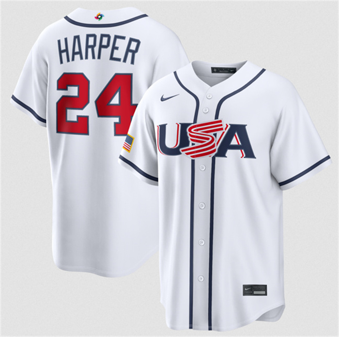 Men's USA Baseball #24 Bryce Harper White 2026 World Baseball Classic Home Stadium Stitched Jersey Men's USA Baseball #24 Bryce Harper White 2026 World Baseball Classic Home Stadium Stitched Jersey