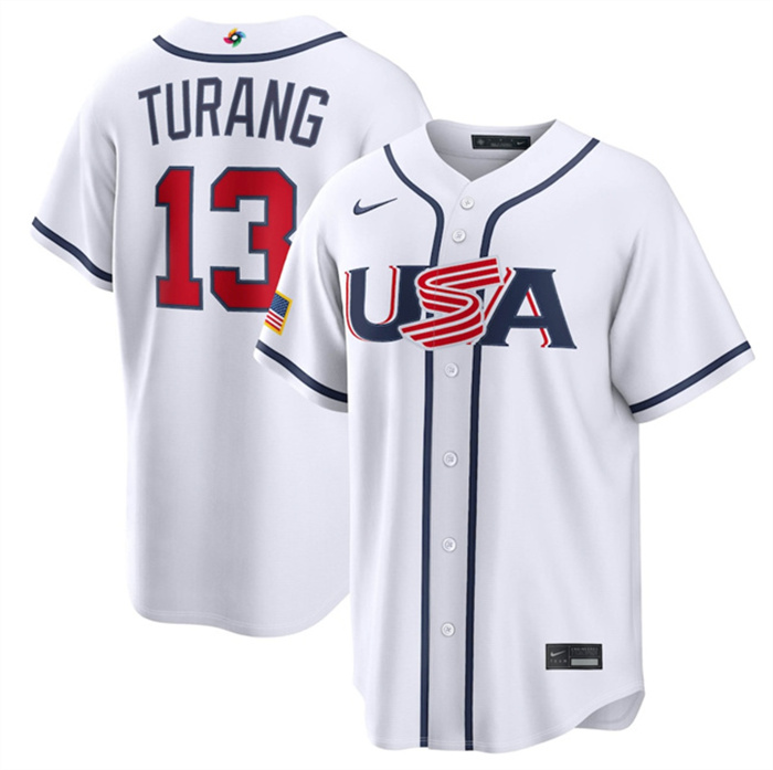 Men's USA Baseball #13 Brice Turang White 2026 World Baseball Classic Home Stadium Stitched Jersey Men's USA Baseball #13 Brice Turang White 2026 World Baseball Classic Home Stadium Stitched Jersey