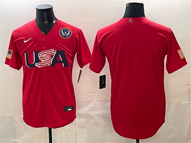 Men's USA Baseball Blank Red 2026 World Baseball Classic United States 250th Anniversary Patch Stadium Stitched Jersey Men's USA Baseball Blank Red 2026 World Baseball Classic United States 250th Anniversary Patch Stadium Stitched Jersey