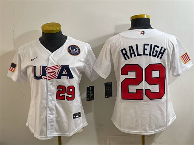Women's USA Baseball #29 Cal Raleigh White 2026 World Baseball Classic United States 250th Anniversary Patch Stadium Stitched Baseball Jersey(Run Small) Women's USA Baseball #29 Cal Raleigh White 2026 World Baseball Classic United States 250th Anniversary Patch Stadium Stitched Baseball Jersey(Run Small)