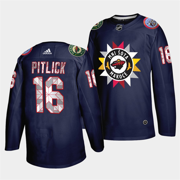 Men's Minnesota Wild #16 Rem Pitlick 2021 22 Navy Native American Heritage Day Stitched Jersey Men's Minnesota Wild #16 Rem Pitlick 2021 22 Navy Native American Heritage Day Stitched Jersey