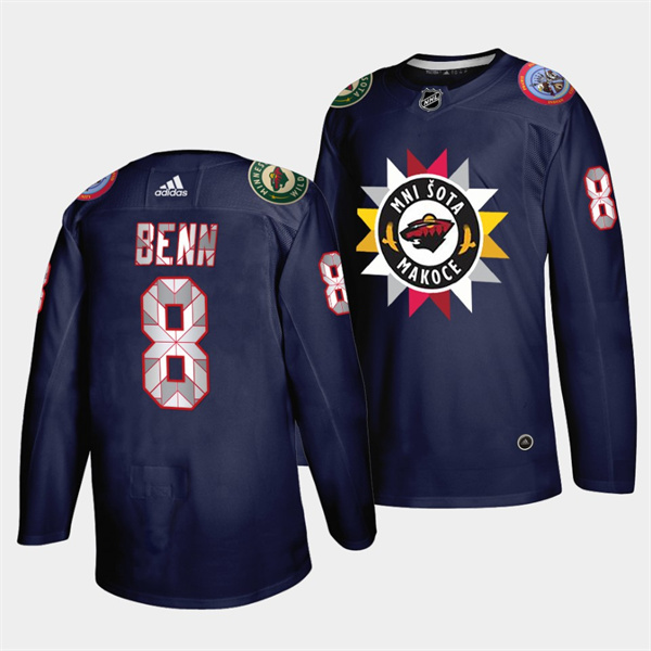 Men's Minnesota Wild #8 Jordie Benn 2021 22 Navy Native American Heritage Day Stitched Jersey Men's Minnesota Wild #8 Jordie Benn 2021 22 Navy Native American Heritage Day Stitched Jersey