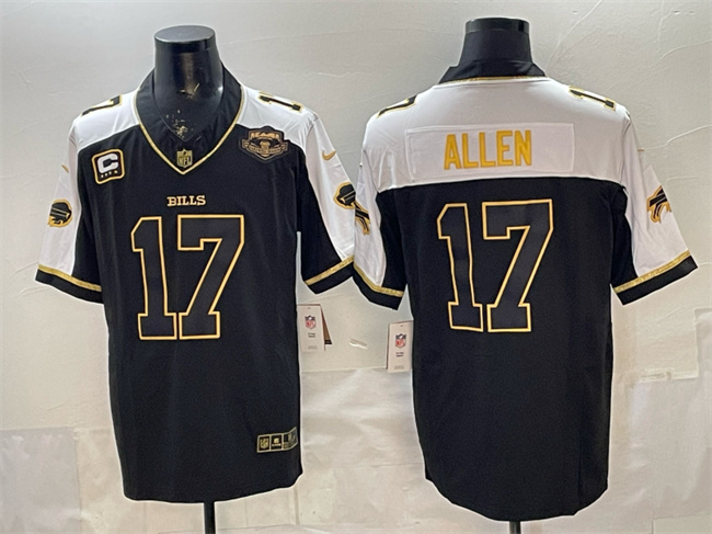 Men's Buffalo Bills #17 Josh Allen Black Gold 2025 F.U.S.E. With Farewell Patch & 4-Star C Patch Vapor Limited Stitched Football Jersey Men's Buffalo Bills #17 Josh Allen Black Gold 2025 F.U.S.E. With Farewell Patch & 4-Star C Patch Vapor Limited Stitched Football Jersey