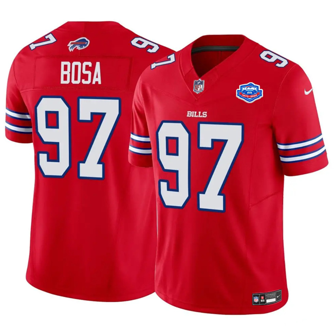Men's Buffalo Bills #97 Joey Bosa Red 2025 F.U.S.E. With Farewell Patch Vapor Untouchable Limited Stitched Football Jersey Men's Buffalo Bills #97 Joey Bosa Red 2025 F.U.S.E. With Farewell Patch Vapor Untouchable Limited Stitched Football Jersey