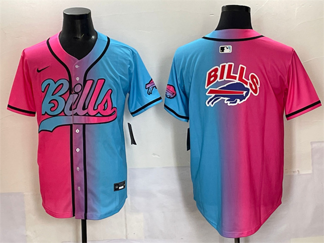 Men's Buffalo Bills Team Big Logo Pink Blue Limited Stitched Baseball Jersey Men's Buffalo Bills Team Big Logo Pink Blue Limited Stitched Baseball Jersey