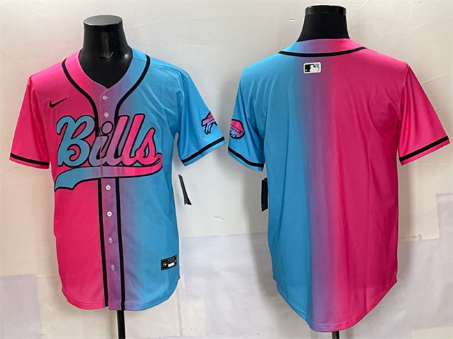 Men's Buffalo Bills Blank Pink Blue Limited Stitched Baseball Jersey Men's Buffalo Bills Blank Pink Blue Limited Stitched Baseball Jersey