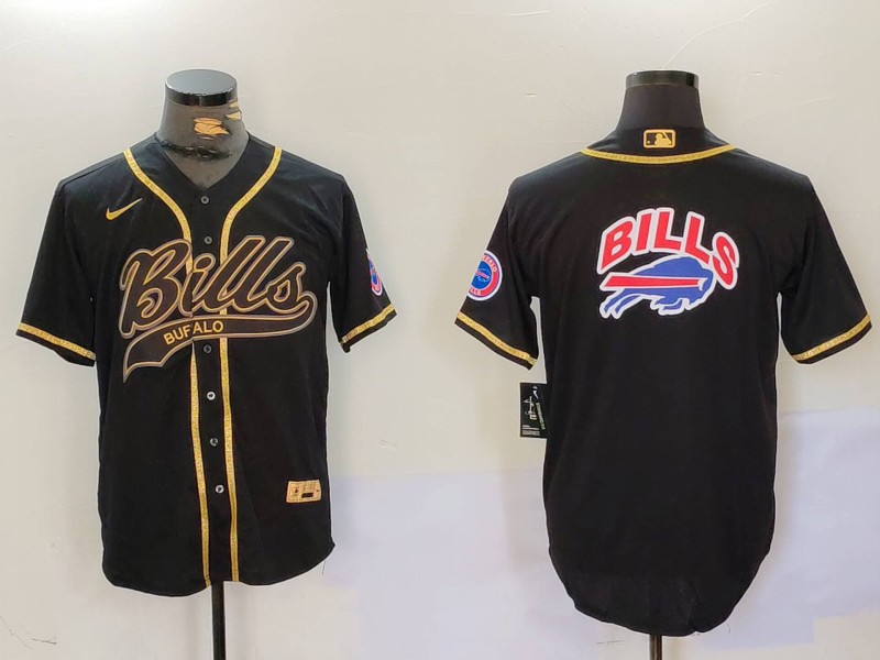 Men's Buffalo Bills big logo Black Cool Base Stitched Baseball Jersey 2 Men's Buffalo Bills big logo Black Cool Base Stitched Baseball Jersey 2