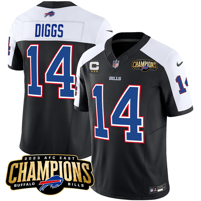 Men's Buffalo Bills #14 Stefon Diggs Black White 2023 F.U.S.E. AFC East Champions With 3-Star C Ptach Stitched Football Jersey Men's Buffalo Bills #14 Stefon Diggs Black White 2023 F.U.S.E. AFC East Champions With 3-Star C Ptach Stitched Football Jersey