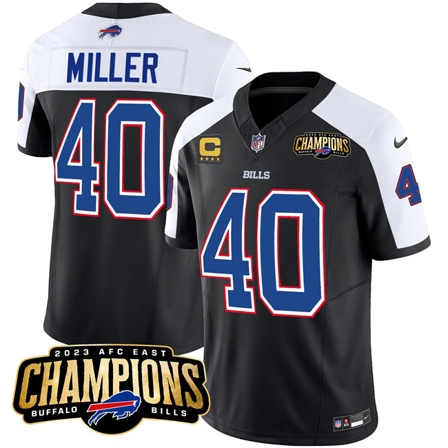 Men's Buffalo Bills #40 Von Miller Black White 2023 F.U.S.E. AFC East Champions With 4-Star C Ptach Stitched Football Jersey Men's Buffalo Bills #40 Von Miller Black White 2023 F.U.S.E. AFC East Champions With 4-Star C Ptach Stitched Football Jersey
