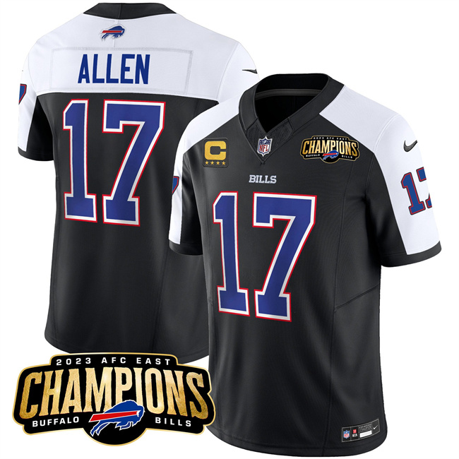 Men's Buffalo Bills #17 Josh Allen Black White 2023 F.U.S.E. AFC East Champions With 4-Star C Ptach Stitched Football Jersey Men's Buffalo Bills #17 Josh Allen Black White 2023 F.U.S.E. AFC East Champions With 4-Star C Ptach Stitched Football Jersey