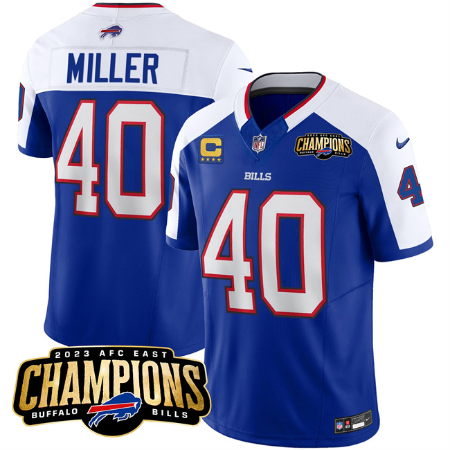 Men's Buffalo Bills #40 Von Miller Blue White 2023 F.U.S.E. AFC East Champions With 4-Star C Ptach Stitched Football Jersey Men's Buffalo Bills #40 Von Miller Blue White 2023 F.U.S.E. AFC East Champions With 4-Star C Ptach Stitched Football Jersey