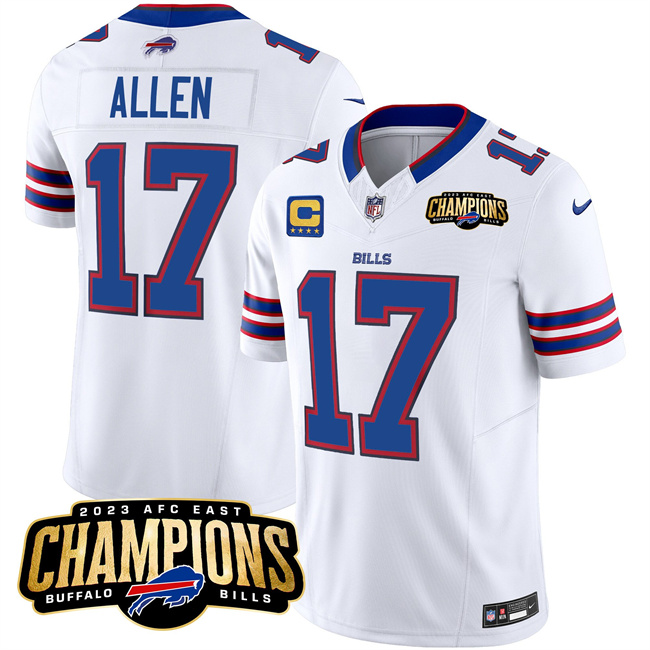 Men's Buffalo Bills #17 Josh Allen White 2023 F.U.S.E. AFC East Champions With 4-Star C Ptach Stitched Football Jersey Men's Buffalo Bills #17 Josh Allen White 2023 F.U.S.E. AFC East Champions With 4-Star C Ptach Stitched Football Jersey