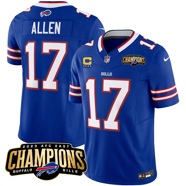 Men's Buffalo Bills #17 Josh Allen Blue 2023 F.U.S.E. AFC East Champions With 4-Star C Ptach Stitched Football Jersey Men's Buffalo Bills #17 Josh Allen Blue 2023 F.U.S.E. AFC East Champions With 4-Star C Ptach Stitched Football Jersey