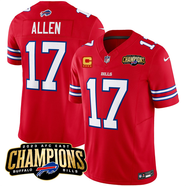 Men's Buffalo Bills #17 Josh Allen Red 2023 F.U.S.E. AFC East Champions With 4-Star C Ptach Stitched Football Jersey Men's Buffalo Bills #17 Josh Allen Red 2023 F.U.S.E. AFC East Champions With 4-Star C Ptach Stitched Football Jersey