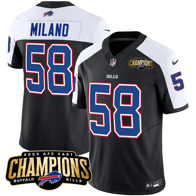 Men's Buffalo Bills #58 Matt Milano Black White 2023 F.U.S.E. AFC East Champions Ptach Stitched Football Jersey Men's Buffalo Bills #58 Matt Milano Black White 2023 F.U.S.E. AFC East Champions Ptach Stitched Football Jersey