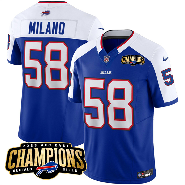 Men's Buffalo Bills #58 Matt Milano Blue White 2023 F.U.S.E. AFC East Champions Ptach Stitched Football Jersey Men's Buffalo Bills #58 Matt Milano Blue White 2023 F.U.S.E. AFC East Champions Ptach Stitched Football Jersey