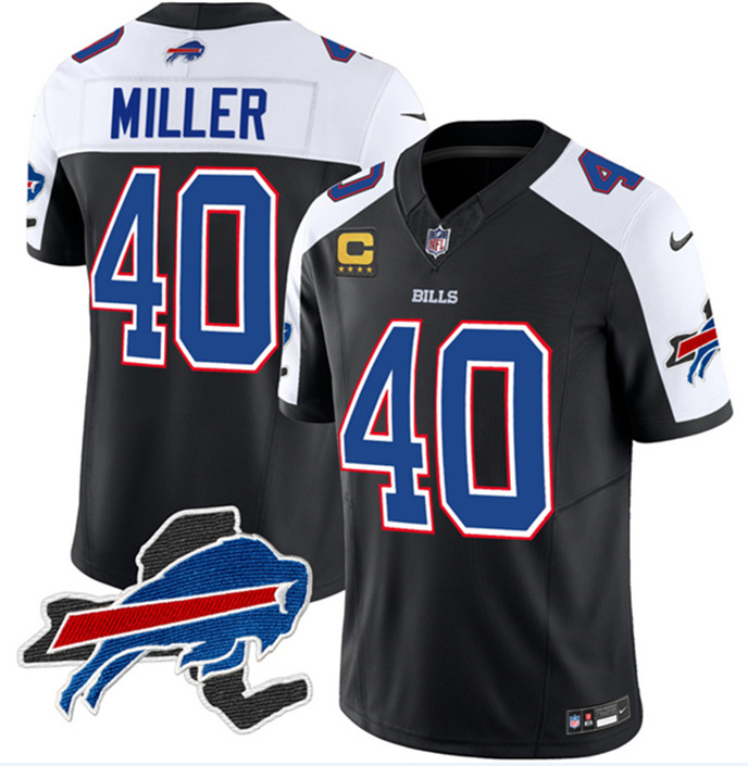 Men's Buffalo Bills #40 Von Miller Black White 2023 F.U.S.E. New York Patch And 4-Star C Patch Vapor Untouchable Limited Stitched Football JerseyS